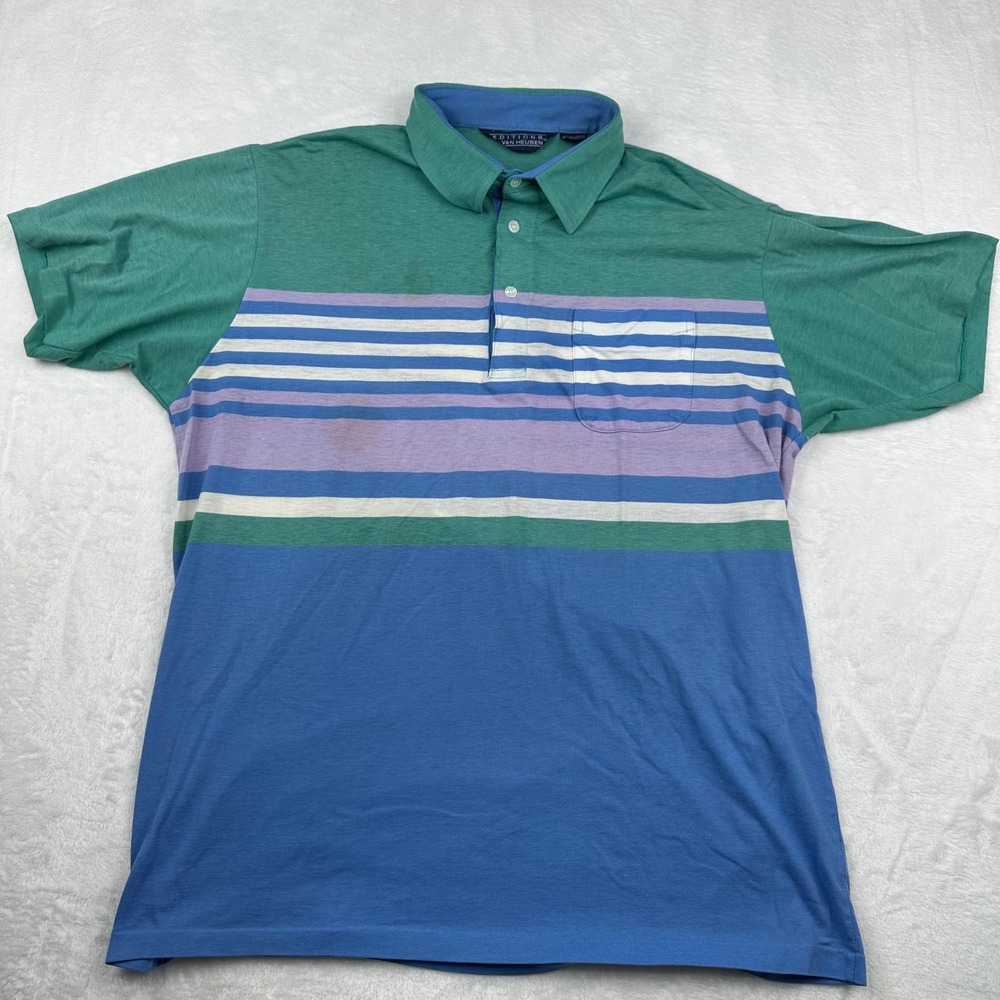 Editions Van Heusen Mens XL Striped Colorblock Polo Shirt Teal Blue 70s 80s VTG